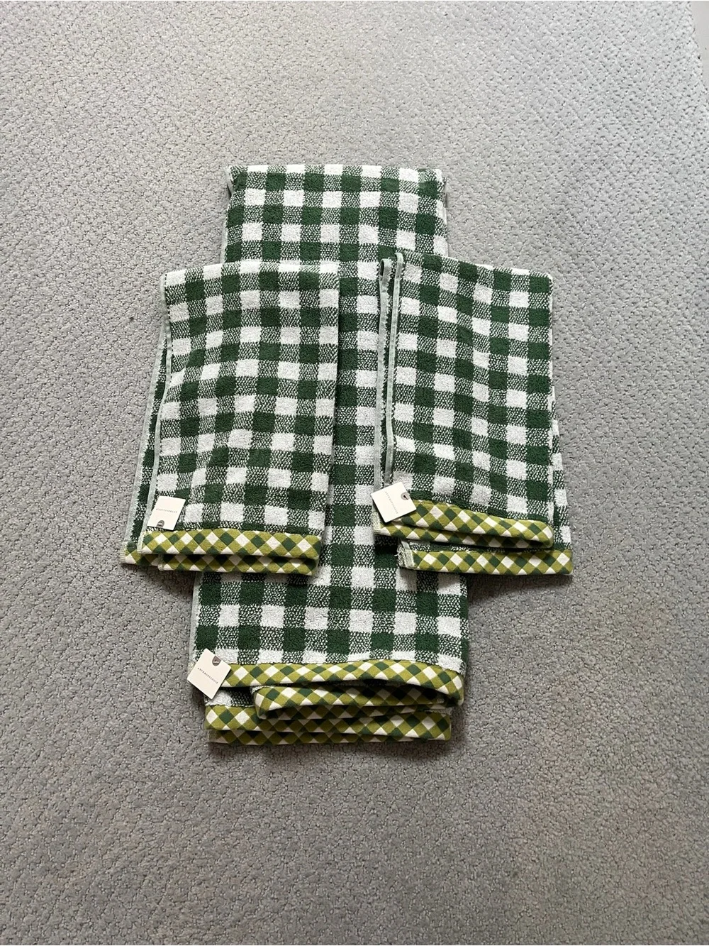 Anthropologie Green and White Gingham Bath Towels